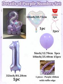 26件/組，紫色K-Pop生日主題數字氣球組，包含0-9紫色數字、馬卡龍紫色乳膠氣球、紫色荷葉邊緞面蕾絲飾帶、彩色愛心氣球，適用於K-Pop主題派對、生日、週年慶派對拱門裝飾 - 紫花邊數字 - 查看 20