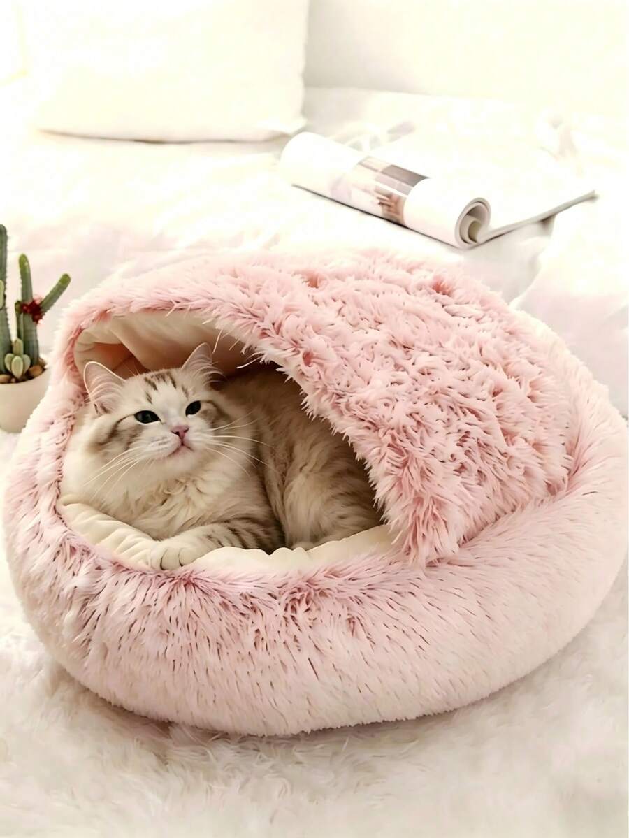 海贝半封闭式猫窝,宠物猫窝,半封闭式狗窝,封闭式猫屋,宠物用品,适合幼猫、小型和中型猫狗,带盖蓬松圆形猫狗屋 - 灰色 - 查看 1