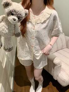 2pcs/Set Women's Pajama Homewear Set, Cute Animal Print Open Front Lace Collar Short Sleeve Simple Casual Shorts, Suitable For Spring And Summer, Can Be Worn Outdoors - White - View 2