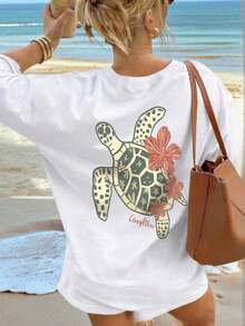 Camiseta de manga corta con cuello redondo, holgada, informal, con estampado de eslogan simple, nueva para el verano de mujer. - Blanco - Ver 1