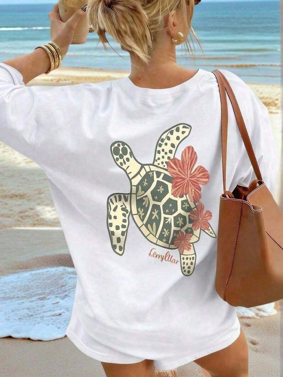 Camiseta de manga corta con cuello redondo, holgada, informal, con estampado de eslogan simple, nueva para el verano de mujer. - Blanco - Ver 1