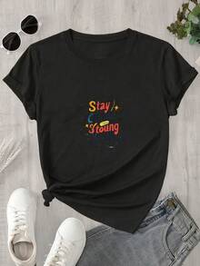 Camiseta estampada para mujer, 1 unidad, manga corta, primavera/verano, el regalo perfecto para las fiestas. - Negro - Ver 1