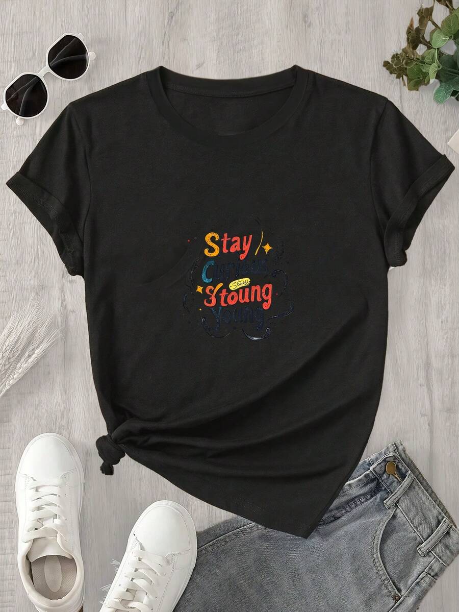 Camiseta estampada para mujer, 1 unidad, manga corta, primavera/verano, el regalo perfecto para las fiestas. - Negro - Ver 1