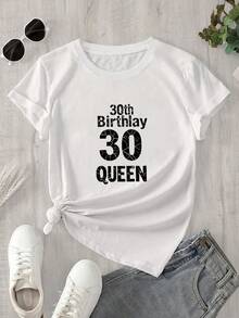 Camiseta estampada para mujer, 1 unidad, manga corta, primavera/verano, el regalo perfecto para las fiestas. - Blanco - View 1