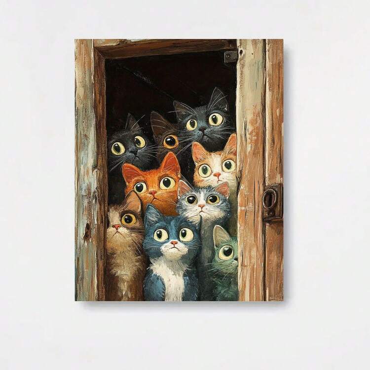 Arte de Pared en Lienzo Enmarcado 2D Plano, 1 Pieza, Gato Juguetón Asomándose por la Puerta, Encantador Arte en Lienzo para Decoración del Hogar, Idea de Regalo Perfecta - Lienzo Envolvente 15.7*11.8 Pulgadas/40*30 cm, 2D Plano - Enmarcado - Añade 1