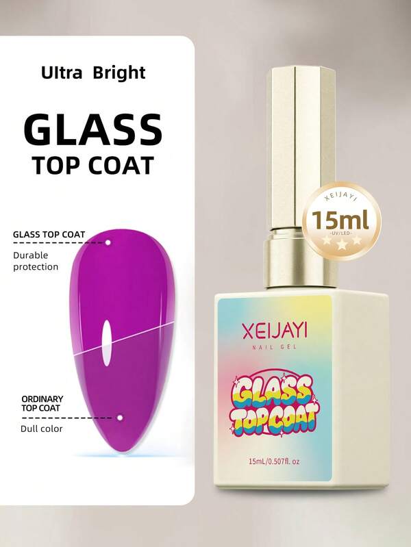 1pc 15ml Glass Bottle Long-Lasting Transparent Rubber Sealant Gel, LED UV Curing, Nail Strengthening, High Gloss Finish Gel Nail Polish