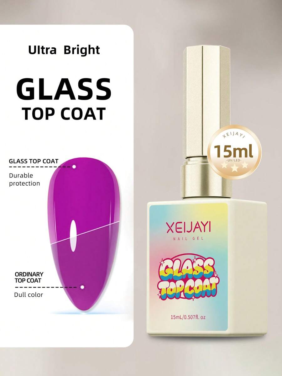 XEIJAYI 1件 15ml 透明凝膠頂層封層,UV/LED 兼容美甲完工塗層,適用於沙龍與居家 DIY 美甲 - 玻璃封層 - 查看 1