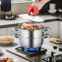 GOOGEER Stainless Steel Set Large Capacity Double-Layer Steamer, 1 Thick Steamer And 1 Heightened Steam Grid And 1 Lid, 1pc For Home Multi Functional Stainless Steel Steamer Thickened, Suitable For Multiple Stoves, For Home, Restaurant, Cooking Pot - View 2