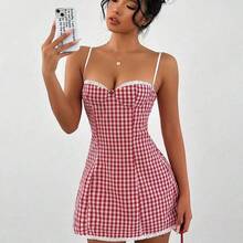 wsb   - Colección de ropa femenina de moda  Vestido mini acampanado de mujer con estampado a cuadros, recorte de encaje y Body ajustado para Navidad - Azul marino - Ver 5