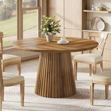 LITTLE TREE 47" Round Dining Table For 4-6 People, Farmhouse Wood Kitchen Table With Metal Base For Dining Room, Kitchen, Living Room - Brown - View 3