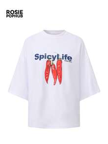 ROSIE POPHUB 女款白色 Chili 字母印花落肩寬鬆 T-shirt，休閒圓領短袖夏季印花上衣，適合日常街頭穿搭 - 白色 - 查看 6