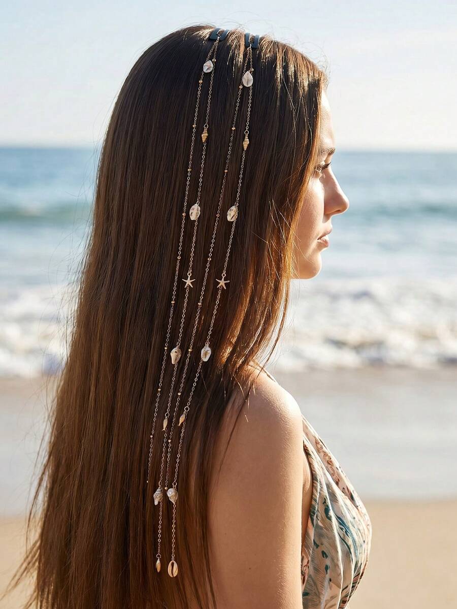 2件組女款時尚優雅金屬海星貝殼魚流蘇髮夾鏈條髮飾,適合日常春夏海灘度假搭配裝飾,頭飾 - 彩色 - 查看 1