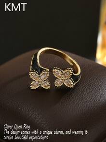 KMT 1pc Copper Inlaid Artificial Zirconia Black Enamel Four-Leaf Clover Women's Ring, Unique Niche Design To Break Monotony, Suitable For Workplace And Daily Wear To Convey Good Wishes, Ideal Gift For Spring Festival, New Year, Mother's Day, Double Ninth Festival, Family, Friends, Birthdays, Holidays, And Best Friends - Four-leaf Clover - View 1