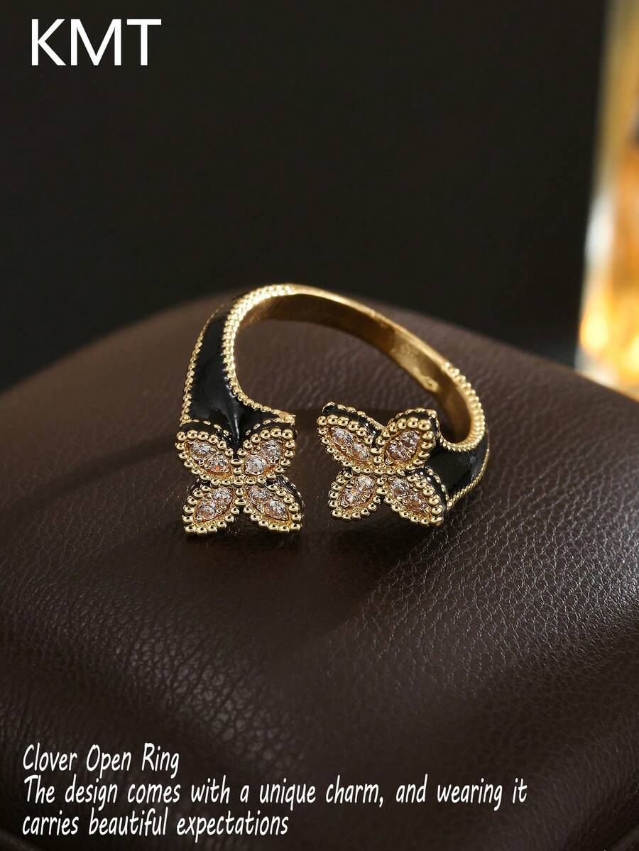 KMT 1pc Copper Inlaid Artificial Zirconia Black Enamel Four-Leaf Clover Women's Ring, Unique Niche Design To Break Monotony, Suitable For Workplace And Daily Wear To Convey Good Wishes, Ideal Gift For Spring Festival, New Year, Mother's Day, Double Ninth Festival, Family, Friends, Birthdays, Holidays, And Best Friends - Four-leaf Clover - View 1