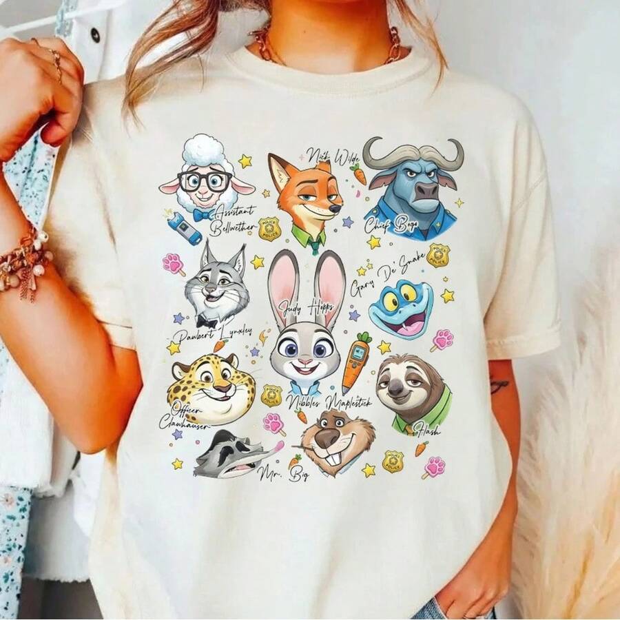 Disney Zootopia Character Sketch T-Shirt, Judy Hopps And Nick Wilde Family Outfit Suitable For Disneyland Trip - 1 - 查看 1