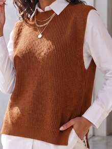 Women's Knitted Vest With Ribbed Crew Neck, Sleeveless, Casual And Elegant Knitwear For Autumn/Winter - 鏽 - 查看 4
