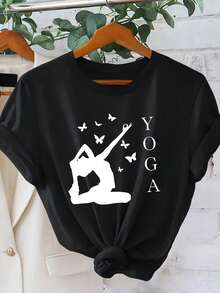 do de Mariposa con la Palabra YOGA, Manga Corta para Vacaciones de Verano, Estilo Deportivo Casual, Elegante, Vintage, Holgada, Adelgazante y Versátil, 100% Algodón.blusas para dama casuales - Negro - Ver 1