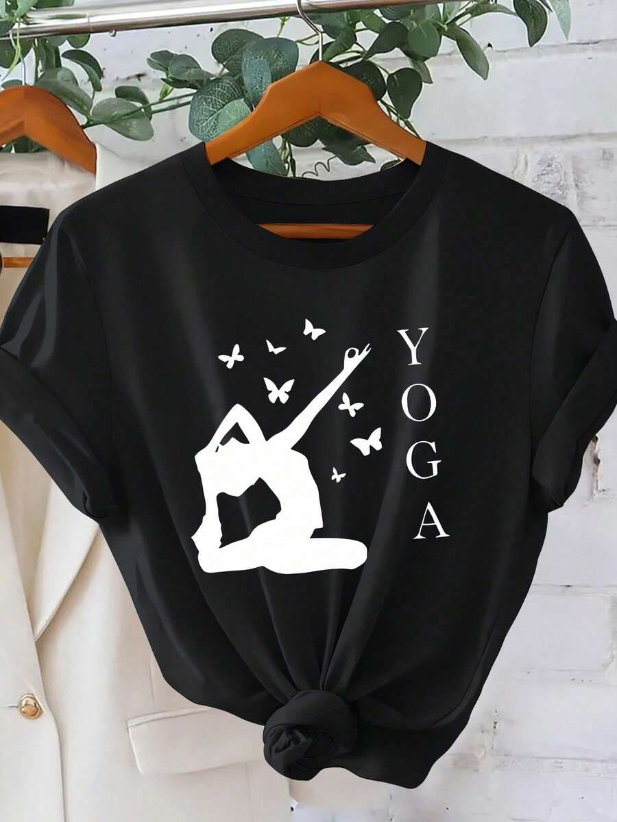 do de Mariposa con la Palabra YOGA, Manga Corta para Vacaciones de Verano, Estilo Deportivo Casual, Elegante, Vintage, Holgada, Adelgazante y Versátil, 100% Algodón.blusas para dama casuales - Negro - Ver 1