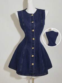 MOD Vestido mini ajustado sin mangas de mezclilla para mujer, vestido de mezclilla azul con botones, vestido de mezclilla ajustado y acampanado para mujer - Azul lavado oscuro - Ver 1