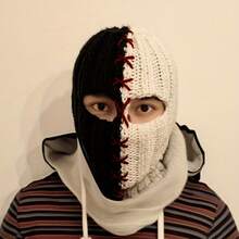 Men's Headgear Autumn/Winter Knit Hat Black And White Color Block Warm Face Mask Balaclava Hat Unique Stylish Funny Stitched Headgear - Black and White - View 5