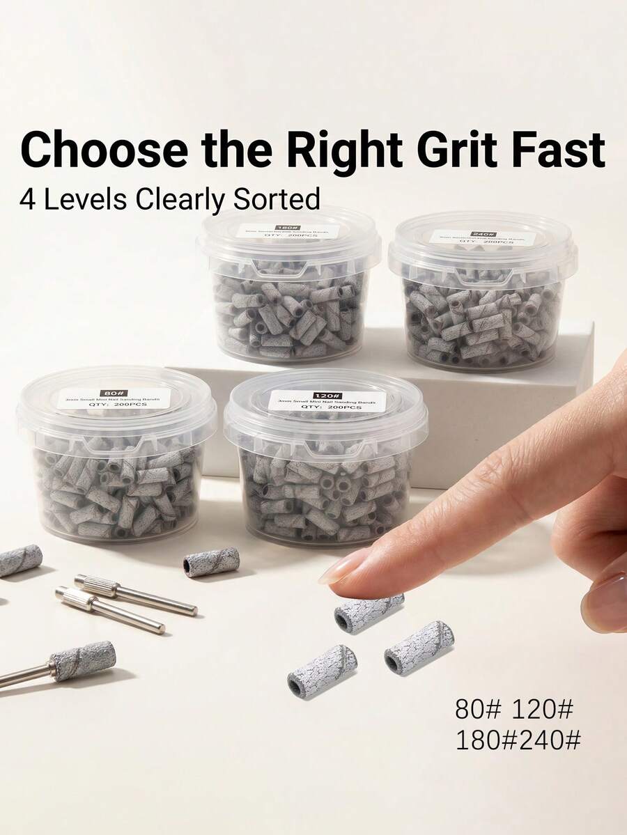 200入/盒迷你磨砂環 (80#、120#、180#、240#) + 2支軸心 (3mm) － 電動美甲鑽、美甲配件與工具、去除繭皮、美甲護理用品 - 白色 - 查看 1