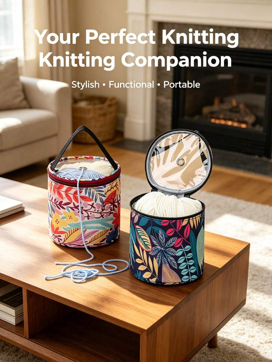 1pc Yarn Storage Bag With Lid (Yarn Not Included), Transparent Top Visible, Printed Yarn Storage Tube Bag With Lid, Perforated Crochet Tool Dust-Proof Bag - Multicolor - View 1