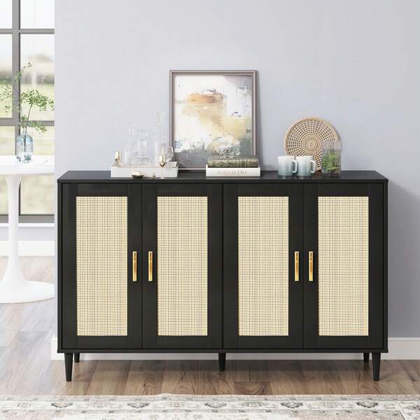 Rattan Sideboard Buffet Cabinet,Console Table Coffee Bar,Farmhouse Cabinet Sideboard With Adjustable Shelves For Kitchen,Living Room,Dining Room,Hallway,White,Black Cabinet,Sideboard Cabinet,Accent Storage Cabinet,Console Table Coffee Bar,White,Black