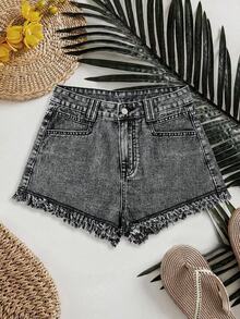 Shorts vaqueros casuales sueltos y versátiles para mujer con bolsillos y dobladillo deshilachado - Gris Claro - Ver 1