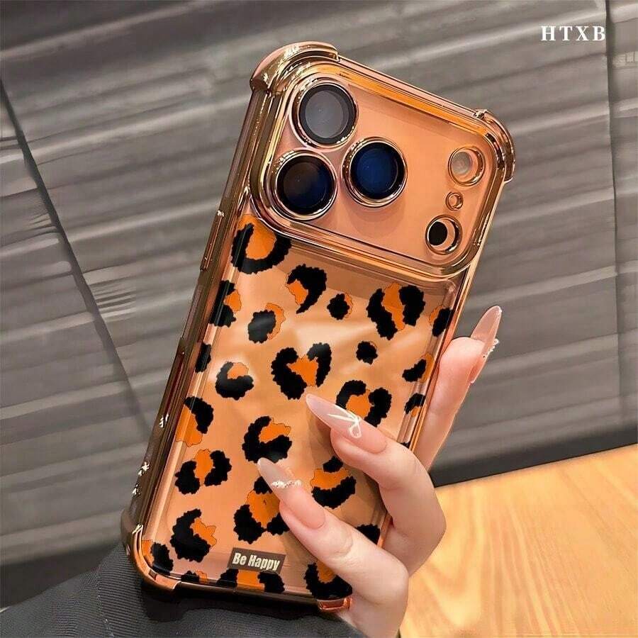 Orange And Black Leopard Print On White. Compatible With IPhone 17/Air/16/15/14/13/12 Pro/12/11 Plus Max. This Stylish Phone Case With Reinforced, Electroplated Corners Features A Modern Design. Available In A Variety Of Colors, This Classic, Shockproof Hybrid Case Makes A Perfect Gift For Friends And Family On Halloween, Christmas, And Thanksgiving. - 金色 - 查看 1