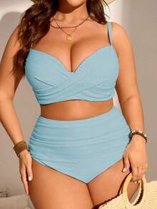 Swim Lushoire One Size Solid Color Ruched Tankini Bikini Set For Summer Beach - Clear - View 1