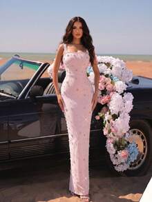 New Sexy Spaghetti Strap Square Neck Backless High-End Hot-Selling Rhinestone Floral Design Solid Color Slimming Long Dress Bridesmaid Dress - Baby Pink - View 1