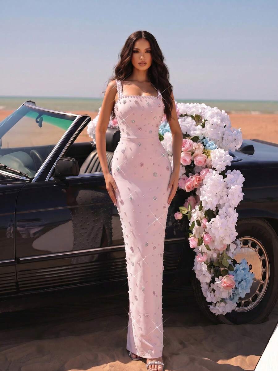 New Sexy Spaghetti Strap Square Neck Backless High-End Hot-Selling Rhinestone Floral Design Solid Color Slimming Long Dress Bridesmaid Dress - Baby Pink - View 1