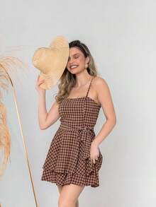 Women's Casual Elegant Checkered Jumpsuit With Padded Cups, Front Tie, And Back Zipper – Sizes S M L - Màu nâu kẻ ô - Xem 5