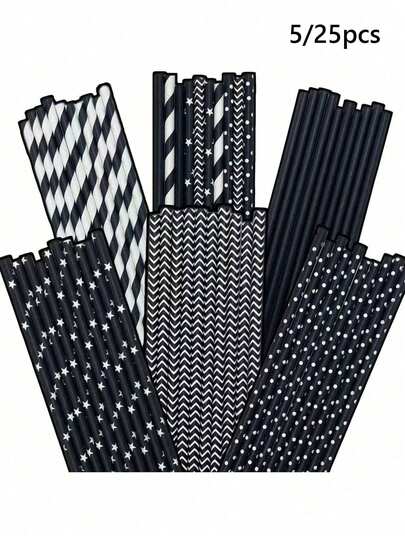 5/25pcs Black Printed Paper Straws, Available In A Variety Of Patterns. Ideal For Party Decorations And Beverages; Suitable For Food Service Applications Including Juices,Milkshakes, And Cocktails,Perfect For Graduation Parties, Birthday Celebrations