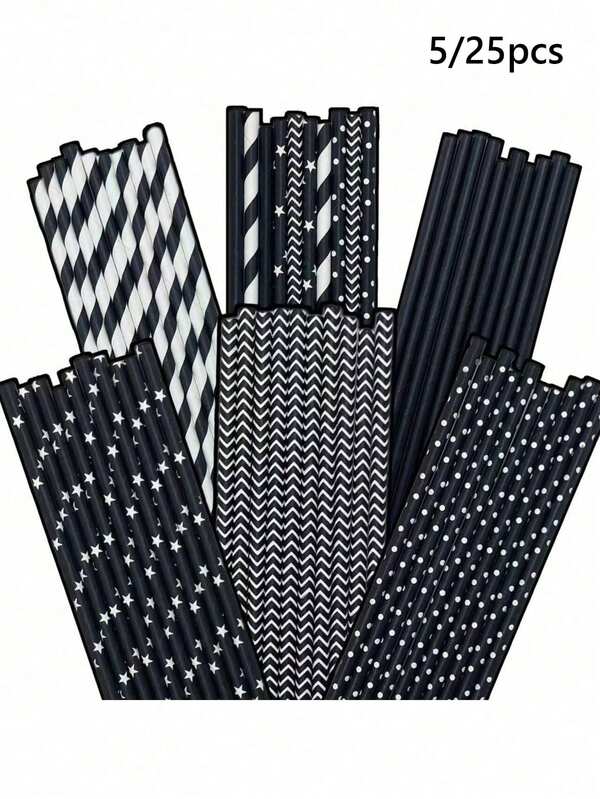 5/25pcs Black Printed Paper Straws, Available In A Variety Of Patterns. Ideal For Party Decorations And Beverages; Suitable For Food Service Applications Including Juices,Milkshakes, And Cocktails,Perfect For Graduation Parties, Birthday Celebrations