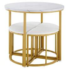 Dining Table And Chair Set, With MDF Tabletop And Gold Iron Frame, Velvet Chairs, Modern And Luxurious Style, White - Gold - View 6