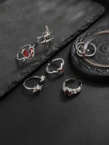 6piezas/Set Conjunto de Anillos Huecos con Pedrería para Hombres, Elegante & Lujoso, Exquisito & Brillante, Adecuado para Atuendos de Estilo Callejero de Lujo Ligero - Plateado - View 5