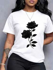 Oversized T-Shirt With Rose Print - 100% Cotton, Short Sleeve, Crew Neck | Comfortable And Casual Style Suitable For All Seasons, Machine Washable, Elegant Floral Design Suitable For Everyday Wear And Special Occasions. 100% Cotton. - 白色 - 查看 6
