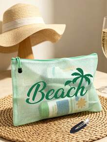 多色防水時尚網格海灘包，印有「Beach」椰子樹、遮陽傘圖案的化妝包，海灘主題。大容量透明化妝包，尼龍拉鍊盥洗包，-輕巧，春/夏收納，適合游泳、海灘、潛水和夏季度假，返校，輕巧防曬收納包，適合朋友、家人、閨蜜、同學。完美的生日、節日、派對、婚禮（伴娘）、母親節、教師節禮物和紀念品 - 彩色 - 查看 8