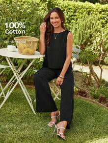 Set de 2 piezas de top ajustado unicolor y pantalones rectos holgados de cintura alta de estilo primaveral para mujer - Conjunto de ropa de mujer para vacaciones tropicales de lino - Negro - Ver 1