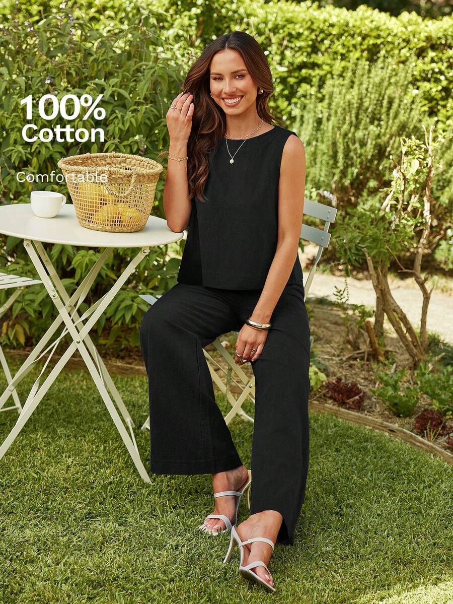 Set de 2 piezas de top ajustado unicolor y pantalones rectos holgados de cintura alta de estilo primaveral para mujer - Conjunto de ropa de mujer para vacaciones tropicales de lino - Negro - Ver 1