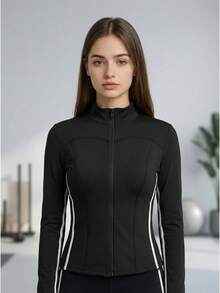 CZJ Chaqueta deportiva entallada para mujer con franjas en contraste, cuello alto con cremallera, manga larga, tela elástica de secado rápido, ideal para entrenamiento diario - Negro - Ver 8