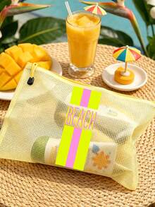 多色時尚防水PVC沙灘包，對比色條紋「Beach」印花，彩色字母印花，A4尺寸，透明化妝包，尼龍拉鍊，適合游泳、潛水和夏季度假，輕量，中性，沙灘包配件，旅行必需品，旅行配件，度假必需品。開學用品盥洗包，大容量洗澡包，女性禮物，郵輪必需品 - 彩色 - 查看 3