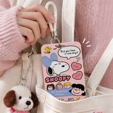 MINISO Sweet Snoopy Peanuts 動漫直式滑卡套，可愛卡通 ID 名牌套，附編織皮革掛繩鑰匙圈吊飾，開學季黃色粉色學生女孩禮物 - 粉紅色-白色繩子 - 查看 3