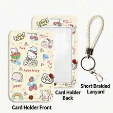 MINISO 可愛三麗鷗 Hello Kitty 角色直式滑動卡套，附掛繩或編織皮革掛繩的動漫 ID 識別證套，開學季送給青少年女孩學生的禮物 - 樣式 1 - 查看 5