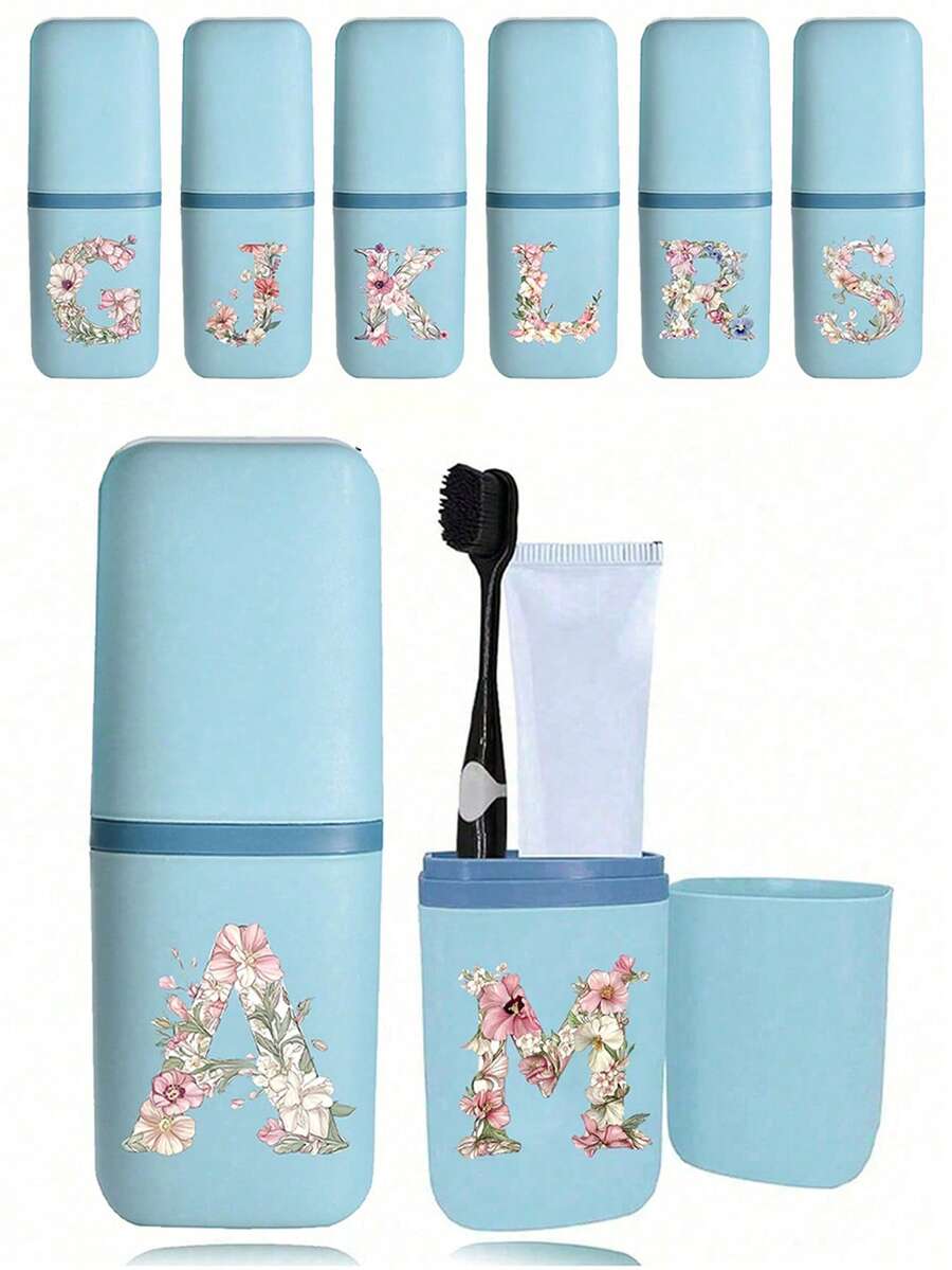 便携式旅行牙刷盒，印有A-Z字母和花卉图案，浴室用品，户外旅行牙刷牙膏收纳盒，字母系列印花防尘收纳盒，旅行必备，返校用品，假日露营必备，浴室用品，家居用品及收纳