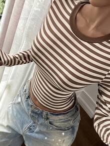 優雅百搭女款辦公室純色圓領長袖百褶修身修身T恤，適合夏秋/冬季休閒穿著 - 卡其色 - 查看 3