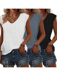 3pcs Solid Color Plus Size V-Neck T-Shirts, Casual Short Sleeve T-Shirts Spring/Summer, Women's Clothing - Black + White + Gray-blue - View 2