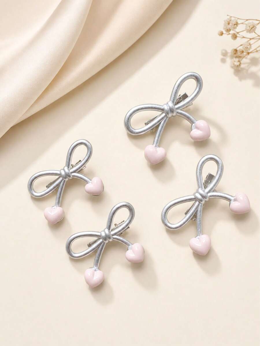 2 piezas Clips de cabello para niñas con lazo plateado y corazón rosa, lindos para flequillo lateral, adecuados para peinado diario - Multicolor - Ver 1