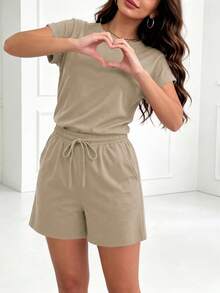 Spring/Summer/Autumn Women's Solid Color Short Sleeve Retro Round Neck T-Shirt & Elastic Waist Drawstring Shorts, PJ-Style Outfit Elegant - Apricot - View 6